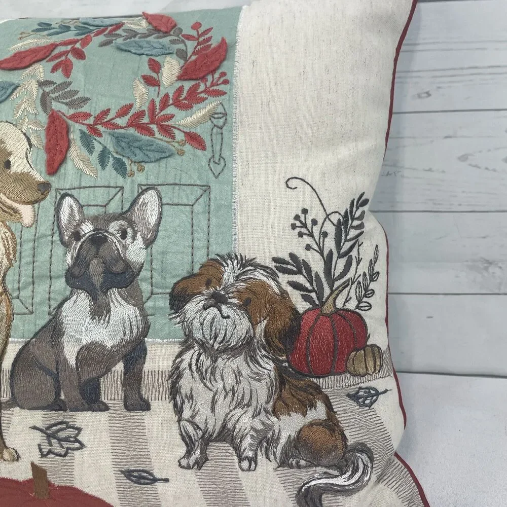 Pier 1 One Embroidered  Autumn Dog  French Bulldog Golden Retriever Pillow